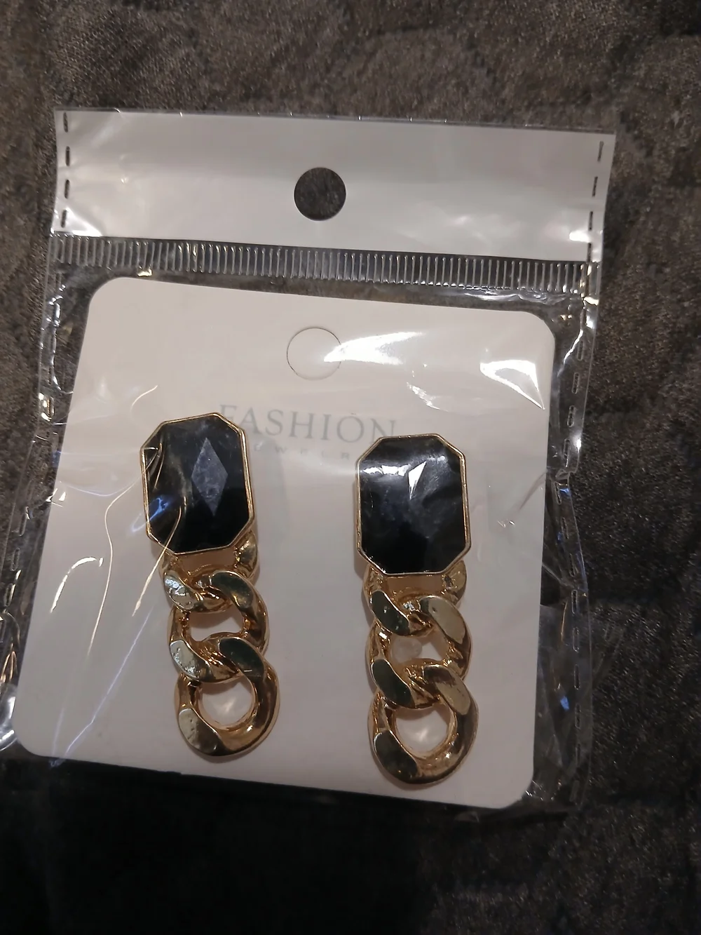 Gold Chain Drop Earrings with Black Stone
